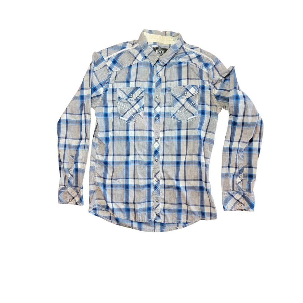 Buckle Black Plaid Shirt Mens L Blue Grey Excellent Athletic Fit Western Snap